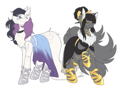 Size: 2355x1705 | Tagged: safe, artist:snows-undercover, oc, oc only, oc:foxy, oc:ziena, earth pony, pony, beautiful, belt, bow, chest fluff, choker, clothes, dress, duo, ear piercing, earring, eyes closed, eyeshadow, fancy, female, gala dress, glasses, hair bow, hoof shoes, jewelry, makeup, mare, necklace, piercing, raised hoof, raised leg, sandals, simple background, solo, transparent background