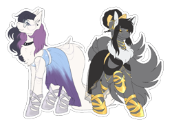 Size: 2355x1705 | Tagged: safe, alternate version, artist:snows-undercover, oc, oc only, oc:foxy, oc:ziena, earth pony, pony, beautiful, belt, bow, chest fluff, choker, clothes, dress, duo, ear piercing, earring, eyes closed, eyeshadow, fancy, female, gala dress, glasses, hair bow, hoof shoes, jewelry, makeup, mare, necklace, piercing, raised hoof, raised leg, sandals, simple background, transparent background