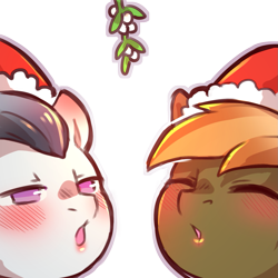 Size: 1159x1159 | Tagged: safe, artist:cold-blooded-twilight, button mash, rumble, earth pony, pegasus, pony, g4, biting, blushing, blushing profusely, christmas, colt, duo, duo male, ear bite, eyes closed, hat, holiday, implied gay, kissy face, lipstick, male, mistletoe, santa hat, simple background, transparent background