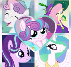 Size: 639x603 | Tagged: safe, fluttershy, princess celestia, princess flurry heart, starlight glimmer, sweetie belle, alicorn, earth pony, human, pony, unicorn, equestria girls, g4, clothes, collage, costume, food, grapes