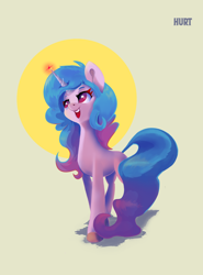 Size: 1914x2584 | Tagged: safe, artist:i love hurt, izzy moonbow, pony, unicorn, g5, my little pony: a new generation, concave belly, female, full body, looking up, nimbus, open mouth, open smile, simple background, slender, smiling, solo, thin