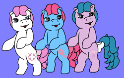 Size: 993x626 | Tagged: safe, artist:superman64, baby cuddles, baby half note, baby sundance, earth pony, pony, bright lights, g1, my little pony 'n friends, 1000 hours in ms paint, baby hawwlf note, baby sundawwnce, bipedal, bow, cuddlebetes, cute, dancing, do the moonwalk ponies, female, filly, lavender background, ms paint, simple background, singing, tail, tail bow, trio