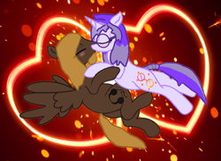 Size: 1119x816 | Tagged: safe, artist:mellow91, oc, oc only, oc:glass sight, oc:mellow rhythm, pegasus, pony, unicorn, beard, blushing, couple, cute, duo, embrace, eyes closed, facial hair, female, glasses, heart, horn, kissing, love, making out, male, mare, oc x oc, ocbetes, pegasus oc, shipping, spread wings, stallion, straight, unicorn oc, wings