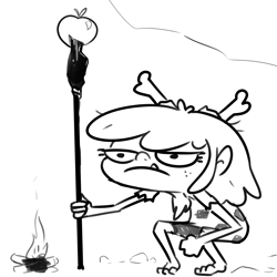 Size: 3300x3300 | Tagged: safe, artist:tjpones, apple bloom, human, g4, apple, black and white, campfire, caveman, female, food, freckles, grayscale, high res, humanized, monochrome, solo, spear, weapon