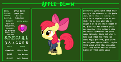 Size: 11720x6000 | Tagged: safe, artist:php170, apple bloom, earth pony, pony, fallout equestria, g4, adorabloom, apple bloom's bow, bio, bow, clothes, cute, cutie mark, fallout, fallout equestria: character guide, female, filly, hair bow, jumpsuit, pipboy, reference sheet, s.p.e.c.i.a.l., solo, the cmc's cutie marks, vault suit, vector
