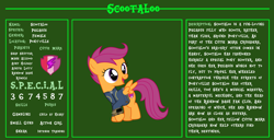 Size: 11720x6000 | Tagged: safe, artist:php170, scootaloo, pegasus, pony, fallout equestria, g4, bio, clothes, cute, cutealoo, cutie mark, fallout, fallout equestria: character guide, female, filly, jumpsuit, pipboy, reference sheet, s.p.e.c.i.a.l., solo, the cmc's cutie marks, vault suit, vector
