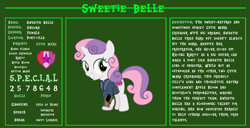 Size: 11720x6000 | Tagged: safe, artist:php170, sweetie belle, pony, unicorn, fallout equestria, g4, bio, clothes, cute, cutie mark, diasweetes, fallout, fallout equestria: character guide, female, filly, jumpsuit, looking back, pipboy, reference sheet, s.p.e.c.i.a.l., smiling, solo, the cmc's cutie marks, vault suit, vector