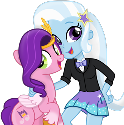 Size: 1920x1928 | Tagged: safe, artist:grapefruit-face, pipp petals, trixie, pegasus, pony, equestria girls, g4, g5, my little pony: a new generation, adorapipp, bowtie, clothes, crown, cute, diatrixes, duo, hand on hip, happy, jewelry, looking at you, regalia, show accurate, simple background, standing, transparent background, tuxedo