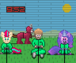 Size: 768x640 | Tagged: safe, artist:derek the metagamer, izzy moonbow, zipp storm, human, pegasus, unicorn, g5, my little pony: a new generation, aseprite, controller, netflix, pink guard (squid game), pixel art, squid game, video game