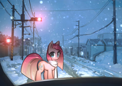 Size: 2825x1992 | Tagged: safe, alternate version, artist:mirroredsea, pinkie pie, earth pony, pony, car, clothes, cute, cuteamena, female, frown, high res, looking at you, mare, pinkamena diane pie, power line, road, scarf, snow, snowfall, solo, traffic light