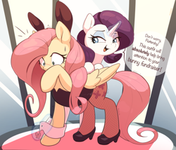 Size: 2500x2137 | Tagged: safe, artist:nookprint, fluttershy, rarity, pegasus, pony, unicorn, g4, adorable distress, blushing, bunny ears, bunny suit, clothes, cuffs (clothes), cute, dialogue, duo, duo female, emanata, embarrassed, female, fishnet pantyhose, fishnet stockings, flutterbunny, high heels, high res, leotard, lidded eyes, mare, open mouth, open smile, raised hoof, shivering, shoes, shyabetes, smiling, sweat, sweatdrop