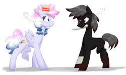 Size: 5000x3000 | Tagged: safe, artist:flutterthrash, oc, oc only, oc:blood stain, oc:heavy weather, earth pony, pegasus, pony, bandage, cake, commission, cute, donut steel, duo, food, knife, looking at each other, looking at someone