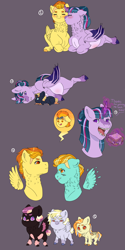 Size: 2048x4096 | Tagged: safe, artist:rainydayjitters, lightning dust, spitfire, twilight sparkle, oc, oc:astral comet, oc:comet, oc:pale omen, alicorn, fish, pegasus, pony, unicorn, g4, baby, baby pony, bat wings, fangs, female, food, lesbian, lying down, magic, magical lesbian spawn, meat, offspring, parent:spitfire, parent:twilight sparkle, ponies eating meat, pregnant, prone, sandwich, shipping, twifire, twilight sparkle (alicorn), wings