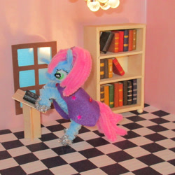 Size: 1345x1345 | Tagged: safe, artist:malte279, oc, oc only, oc:stardust, pony, unicorn, book, bookshelf, checkered floor, chenille, chenille stems, chenille wire, craft, irl, photo, pipe cleaner sculpture, pipe cleaners, sculpture, solo