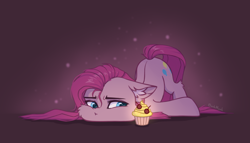 Size: 4134x2364 | Tagged: safe, artist:dorkmark, pinkie pie, earth pony, pony, g4, :t, cheek fluff, chibi, cupcake, ear fluff, face down ass up, floppy ears, food, leg fluff, looking at something, pinkamena diane pie, sad, solo