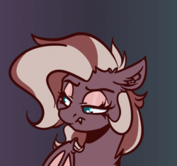 Size: 1150x1080 | Tagged: safe, artist:witchtaunter, oc, oc only, oc:efflorescence, bat pony, pony, animated, bat pony oc, chest fluff, commission, ear fluff, fangs, female, gif, gradient background, looking at you, one eye closed, smiling, smiling at you, solo, wink, winking at you