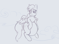 Size: 800x600 | Tagged: safe, artist:lowkey, derpy hooves, pegasus, pony, g4, aderpose, belly, big belly, cloud, fat, female, flying, mare, sketch, sky, solo