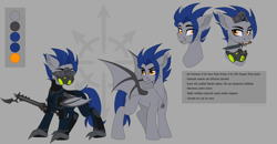 Size: 7500x3900 | Tagged: safe, artist:sinner_png, oc, oc only, oc:dusk blade, bat pony, amulet, anime hair, armor, bat pony oc, chaos, claws, fanfic art, goggles, jewelry, knife, mask, night vision goggles, reference sheet, respirator, soldier pony, splinter rifle