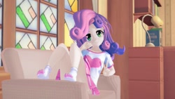 Size: 1366x768 | Tagged: safe, artist:legions20, sweetie belle, equestria girls, g4, 3d, bottomless, chair, clothes, cute, feet, female, koikatsu, looking at you, partial nudity, peace sign, room, sitting, skirt, smiling, socks, solo, stocking feet, upskirt denied