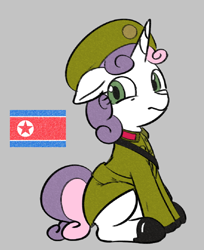 Size: 826x1014 | Tagged: safe, artist:mcsadat, color edit, edit, editor:foxy1219, sweetie belle, pony, unicorn, g4, clothes, colored, female, filly, gray background, military uniform, north korea, north korean flag, shoes, simple background, solo, uniform