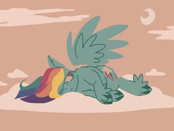 Size: 2048x1536 | Tagged: safe, artist:pastacrylic, rainbow dash, pegasus, pony, g4, cloud, crescent moon, frown, lying down, lying on a cloud, moon, on a cloud, solo, spread wings, tired, wings