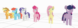 Size: 1260x464 | Tagged: safe, artist:marsminer, applejack, fluttershy, pinkie pie, rainbow dash, rarity, twilight sparkle, alicorn, earth pony, pegasus, pony, unicorn, g4, 3d, blank stare, low poly, mane six, simple background, twilight sparkle (alicorn), white background