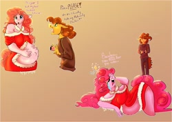 Size: 2048x1449 | Tagged: safe, artist:unfinishedheckery, cheese sandwich, pinkie pie, earth pony, anthro, g4, belly button, breasts, camera, clothes, crying, dialogue, digital art, duo, eyes closed, female, floppy ears, hand on belly, husband and wife, implied li'l cheese, male, open mouth, preggy pie, pregnant, ship:cheesepie, shipping, simple background, straight, talking, text