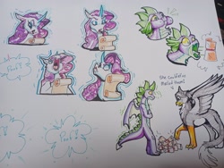 Size: 2048x1536 | Tagged: safe, artist:unfinishedheckery, gabby, rarity, spike, dragon, griffon, pony, unicorn, anthro, g4, dragon mail, horn, letter, marshmelodrama, open mouth, rarity being rarity, tongue out, traditional art, winged spike, wings, you got mail