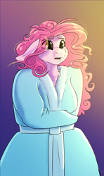 Size: 2343x3960 | Tagged: safe, artist:unfinishedheckery, pinkie pie, earth pony, anthro, g4, bathrobe, breasts, clothes, crossed arms, digital art, female, floppy ears, high res, open mouth, robe, simple background, solo