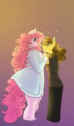 Size: 2343x3960 | Tagged: safe, artist:unfinishedheckery, cheese sandwich, pinkie pie, earth pony, anthro, g4, bathrobe, breasts, clothes, crossed arms, digital art, female, floppy ears, high res, husband and wife, male, open mouth, robe, ship:cheesepie, shipping, simple background, straight