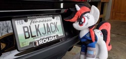 Size: 640x303 | Tagged: safe, oc, oc:blackjack, pony, unicorn, fallout equestria, fallout equestria: project horizons, blackjack, car, fanfic art, ford, ford mustang, irl, license plate, mustang, photo, plushie, vanity plate