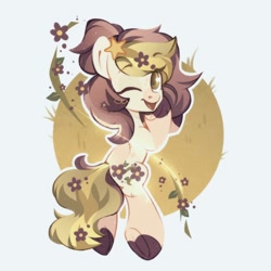 Size: 1500x1500 | Tagged: safe, artist:tsarstvo, oc, oc only, earth pony, pony, female, flower, flower in hair, leaf, looking at you, mare, one eye closed, solo, stars, underhoof, wink