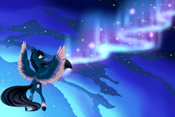 Size: 6000x4000 | Tagged: safe, artist:aledera, oc, oc only, oc:daybreak, pegasus, pony, absurd resolution, aurora borealis, colored wings, female, flying, mare, solo, two toned wings, wings