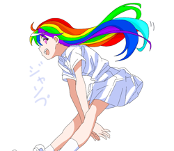 Size: 1008x875 | Tagged: safe, artist:cz, rainbow dash, human, g4, clothes, colored pupils, female, humanized, long hair, multicolored hair, rainbow hair, sidemouth, simple background, skirt, solo, white background