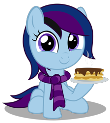 Size: 3160x3520 | Tagged: safe, artist:strategypony, oc, oc only, oc:maple cake, clothes, cute, female, filly, foal, food, high res, looking at you, ocbetes, pancakes, scarf, simple background, transparent background, winter