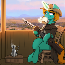 Size: 2000x2000 | Tagged: source needed, useless source url, safe, artist:kennzeichen, oc, oc only, oc:dust runner, pony, unicorn, badge, chair, clothes, cloud, coffee, commission, cowboy hat, day, duster, eye clipping through hair, eyebrows, eyebrows visible through hair, eyelashes, female, glowing, glowing horn, gun, hat, high res, hoof hold, horn, levitation, magic, magic aura, mare, shotgun, sitting, sky, smiling, smirk, solo, steam, telekinesis, unicorn oc, weapon