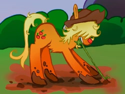 Size: 2048x1536 | Tagged: safe, artist:ponywizards, applejack, earth pony, pony, g4, alternate hairstyle, hair over eyes, hat, messy mane, muddy hooves, plant, pulling, red nosed, redesign, solo