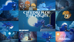 Size: 1280x721 | Tagged: safe, artist:duo cartoonist, editor:quoterific, princess luna, oc, oc:gari, oc:magpie, oc:moondancer, oc:spirit, alicorn, earth pony, pony, unicorn, children of the night, g4, collage, colt, cute, diasweetes, eyes closed, female, filly, foal, lunabetes, male, mare, moon, night, open mouth, open smile, smiling