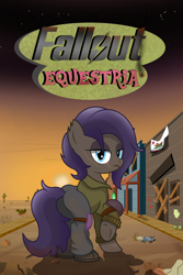 Size: 2000x3000 | Tagged: safe, artist:pizzamovies, oc, oc only, oc:rattle cans, earth pony, pony, fallout equestria, armor, butt, cactus, clothes, desert, female, high res, lidded eyes, looking at you, mare, plot, scar, solo, sunset, torn ear