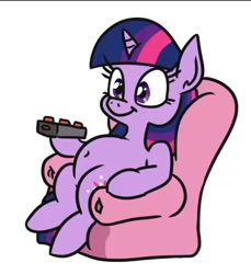 Size: 390x426 | Tagged: safe, artist:jargon scott, twilight sparkle, pony, unicorn, g4, belly, belly button, chair, chubby, chubby twilight, couch potato, cute, female, hoof hold, mare, remote, simple background, sitting, smiling, solo, still frame, unicorn twilight, white background
