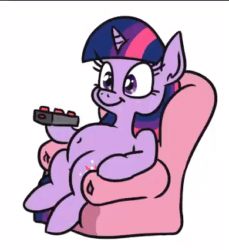 Size: 390x426 | Tagged: safe, ai assisted, ai content, artist:jargon scott, fifteen.ai, twilight sparkle, pony, unicorn, g4, belly, belly button, chair, chubby, chubby twilight, couch potato, female, hoof hold, mare, remote, simple background, sitting, smiling, solo, sound, sound only, unicorn twilight, webm, white background