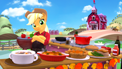 Size: 3840x2160 | Tagged: safe, artist:owlpirate, applejack, earth pony, semi-anthro, g4, 3d, 4k, apple, apron, arm hooves, barn, casserole, clothes, crossed hooves, female, food, grill, high res, holiday, looking at you, mare, pie, smiling, smiling at you, solo, soup, source filmmaker, sweet apple acres, thanksgiving