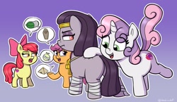Size: 2598x1509 | Tagged: safe, artist:heretichesh, apple bloom, scootaloo, sweetie belle, oc, oc:mummydew, earth pony, pegasus, pony, unicorn, g4, annoyed, butt, coffin, cutie mark crusaders, do you mind, egyptian, egyptian headdress, egyptian pony, female, filly, food, frown, gradient background, lidded eyes, looking back, melon, nose wrinkle, personal space invasion, pickle, pictogram, plot, pyramid, speech bubble