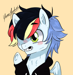 Size: 2592x2660 | Tagged: safe, artist:yumeyuuheii, oc, oc only, pegasus, pony, blushing, grin, hair over one eye, high res, male, signature, simple background, smiling, solo, stallion, waving, yellow background