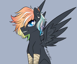 Size: 2900x2400 | Tagged: safe, artist:yumeyuuheii, oc, oc only, pegasus, pony, bust, gray background, high res, male, multicolored hair, offspring, parent:rainbow dash, parent:soarin', parents:soarindash, pegasus oc, rainbow hair, simple background, solo, stallion, wings