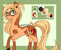 Size: 2496x2032 | Tagged: safe, artist:yumeyuuheii, oc, oc only, oc:arizona apple, earth pony, pony, coat markings, concave belly, female, high res, mare, offspring, parent:applejack, reference sheet, slender, smiling, socks (coat markings), solo, straw in mouth, thin