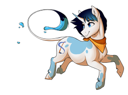 Size: 3169x2361 | Tagged: safe, artist:royvdhel-art, oc, oc only, pony, unicorn, high res, leonine tail, looking back, male, neckerchief, simple background, smiling, stallion, tail, transparent background