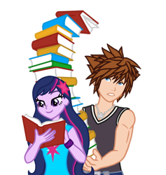 Size: 570x601 | Tagged: safe, artist:wavebreeze234, twilight sparkle, equestria girls, g4, book, clothes, crossover, eyelashes, female, grin, kingdom hearts, male, reading, simple background, smiling, sora, straight, transparent background