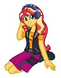 Size: 600x760 | Tagged: safe, artist:wavebreeze234, sunset shimmer, equestria girls, g4, boots, clothes, cutie mark, cutie mark on clothes, grin, headphones, kneeling, shoes, simple background, smiling, solo, transparent background