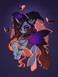 Size: 1629x2160 | Tagged: safe, artist:myscherri, oc, oc only, bat, pony, unicorn, curved horn, hat, horn, rope, solo, stars, stripes, witch hat